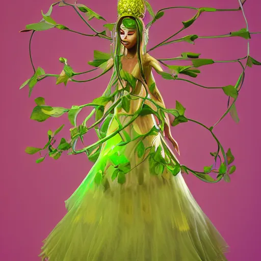 Image similar to cell shaded humanoid onion goddess, flower vine dress, crown, artstation, 4 k