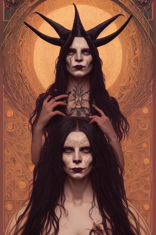 Prompt: portrait of a satanic witch, tattooed face, upper body, decorated, intricate, elegant, highly detailed, digital painting, artstation, concept art, smooth, sharp focus, illustration, art by artgerm and greg rutkowski and alphonse mucha, 8 k