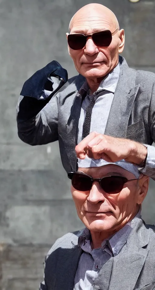 Prompt: patrick stewart gigachad with sunglasses, doing finger guns