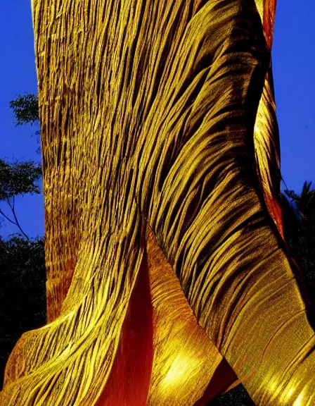 Prompt: vintage color photo of a giant 1 1 0 million years old abstract sculpture made of light beams and liquid gold covered by the jungle vines