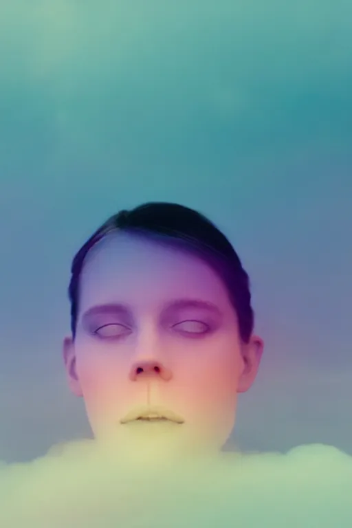 Prompt: high quality pastel coloured film close up wide angle photograph of a model childish expression swimming on cloud furniture in a icelandic black rock!! environment in a partially haze filled dreamstate world. three point light, rainbow. photographic production. art directed. pastel colours. volumetric clouds. pastel gradient overlay. waves glitch artefacts. extreme facial clarity. 8 k. filmic.