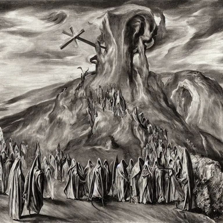 Image similar to A Holy Week procession of grim reapers in a lush Spanish landscape at night. A hooded figure at the front holds a cross. El Greco, Remedios Varo, Salvador Dalí, Carl Gustav Carus, Edward Hopper.