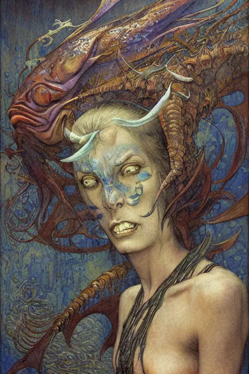 Image similar to a happy fish in the style of and by wayne barlowe, gustav moreau, goward,  Gaston Bussiere and roberto ferri, santiago caruso, and austin osman spare