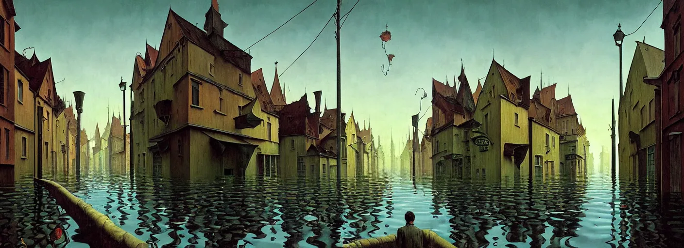 Image similar to flooded! old dark scary wooden empty cursed city street, very coherent and colorful high contrast masterpiece by gediminas pranckevicius rene magritte norman rockwell franz sedlacek, full - length view, dark shadows, sunny day, hard lighting, reference sheet white background