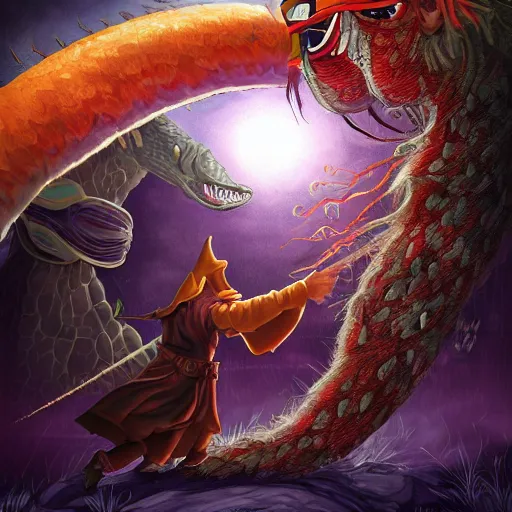 Image similar to wizard fighting a giant larva monster, digital art