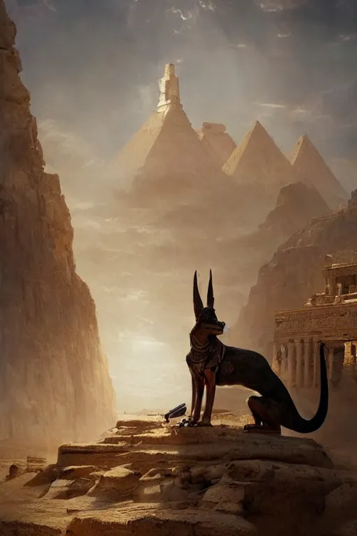 Prompt: beautiful landscape oil matte painting, of ancient egypt giant satue of anubis, art by anders zorn, wonderful masterpiece by greg rutkowski, beautiful cinematic light, thomas lawrence, greg rutkowski