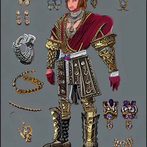 Image similar to a character model sheet of a noble king wearing excessive jewelry in a tasteful way