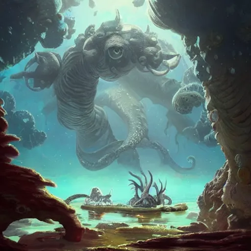 Image similar to Astronauts are riding some mythical animals and they are swimming under a sea, this is an extravagant planet with wacky wildlife, the giant kraken is behind them, the background is full of ancient ruins, by Jordan Grimmer digital art, trending on Artstation,