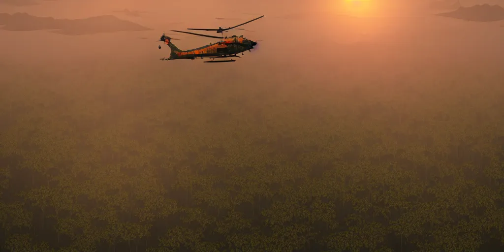 Image similar to Painting of vietnam Huey Helicopters, above a forest, orange sun set, abstract, realism, high details, glow, far, distance, over the horizon, drawn, 8k, octane render, extreme details, uniform, in sync, 3D model