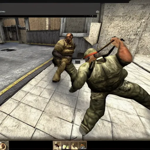 Prompt: a screenshot of a pudge inside a counter strike game, the pudge is holding a hook, the pudge is aiming at ogre magi