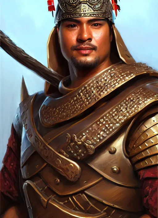 Image similar to smart tai warlord, closeup portrait, beardless, smooth - faced, historical hero, ethnic group, tai costume, bronze headdress, intricate, with leather armor cross on bare chest, elegant, loin cloth, highly detailed, oil painting, artstation, concept art, matte, sharp focus, illustration, hearthstone, art by earl norem