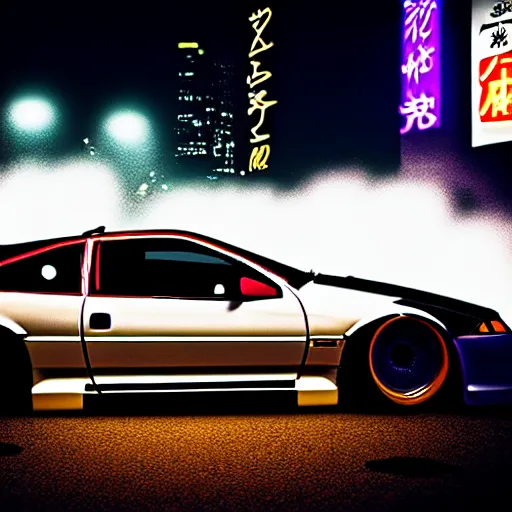 Prompt: a car 300ZX turbo drift at illegal car meet, Shibuya prefecture, midnight mist lights, cinematic color, photorealistic, highly detailed wheels, highly detailed