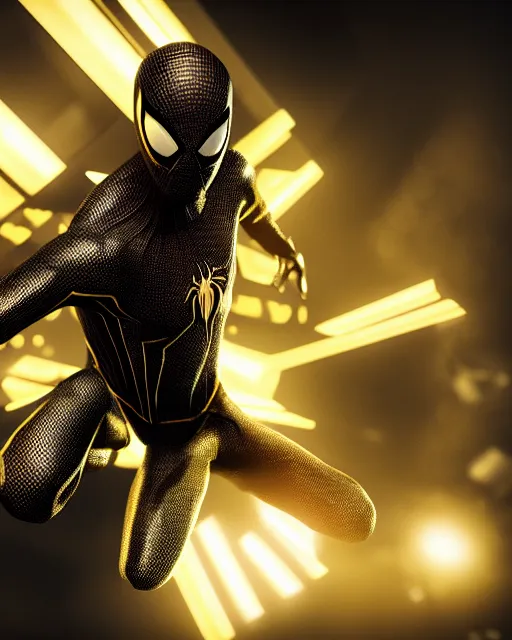 Image similar to photograph of a black and gold suit spider - man, dslr, cinematic, volumetric lighting, 8 k resolution, photorealistic, octane render, 3 d render