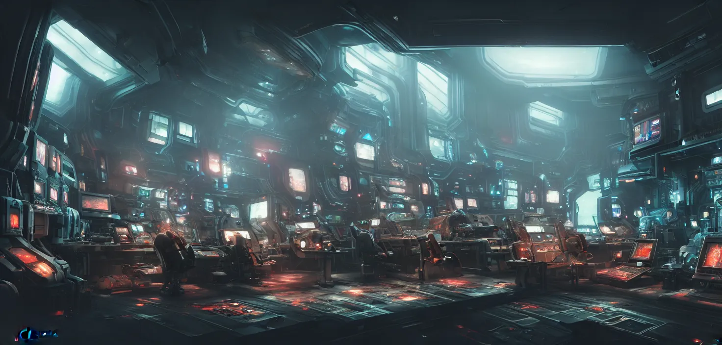 Image similar to a hyper detailed octane render concept art by xision wu, kerem beyit, sandara tang portrait of cyberpunk panel control spaceship room, dim lighting, detailed portraits, unreal engine 5, highly rendered,, digital painting, artstation, concept art, smooth, sharp focus perfect horizontal, symmetry illustration, detailed and intricate environment artstation hq