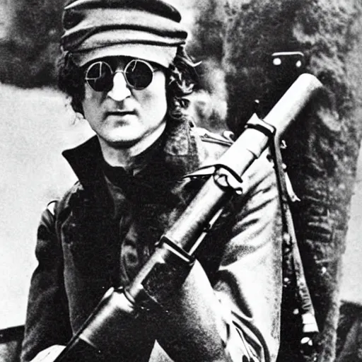 Prompt: old wartime photograph of john lennon holding a lewis gun, 1 9 1 7