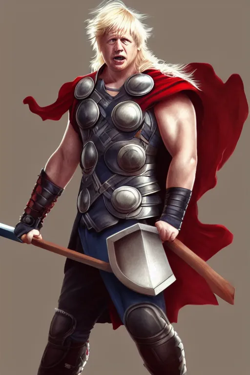 Image similar to Boris Johnson as Thor with axe, Boris Johnson hairstyle, full body realistic portrait, highly detailed, muscular body, digital painting, artstation, concept art, smooth, sharp focus, illustration, cinematic lighting, art by artgerm and greg rutkowski and alphonse mucha