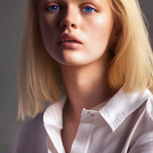 Prompt: attractive beautiful blonde young model close up wearing shirt, soft, cute, 1 9 6 0 ’ s fashion, 1 5 0 mm f 2. 8, extreme close up face shot, hasselblad, photo by brian ingram, david lazar, lisa kristine, steve mccurry, high quality, symmetrical face, clear skin, 4 k, dramatic lighting ”