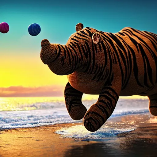 Image similar to a closeup photorealistic photograph of a cute smiling knitted tiger hippopotamus chasing a beachball at sunset. surf in the background. professional capture. this 4 k hd image is trending on artstation, featured on behance, well - rendered, extra crisp, features intricate detail, epic composition and the style of unreal engine.