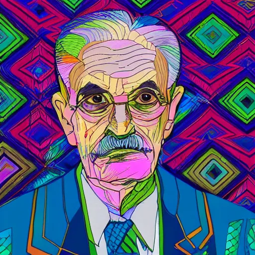 Image similar to portrait of a distinguished old man with formal cothing, kaleidoscopic shapes and colors in the background