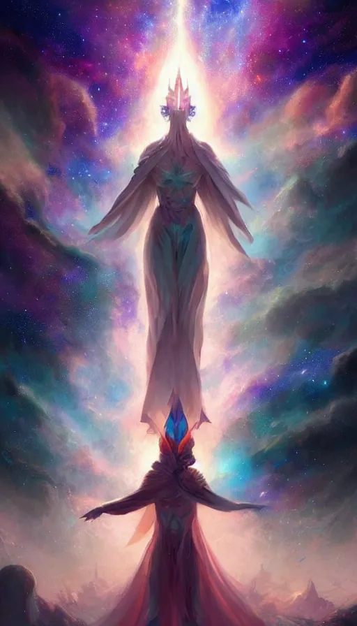 Image similar to god with a cape, epic scene, colors, holy, full body, galaxy, and, stars, atmosphere, unreal engine, pixar, video game, ethereal, insanely, detailed, volumetric, symmetrical, concept art, peter mohrbacher, charlie bowater, unreal engine, artstation, cinematic, video game, digital painting, artist maena