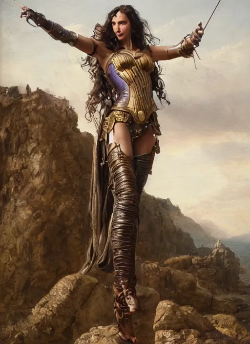 Image similar to oil painting of a highly detailed steampunk gal gadot posing while standing on a rock : leonardo da vinci, greg rutkowski, magali villeneuve