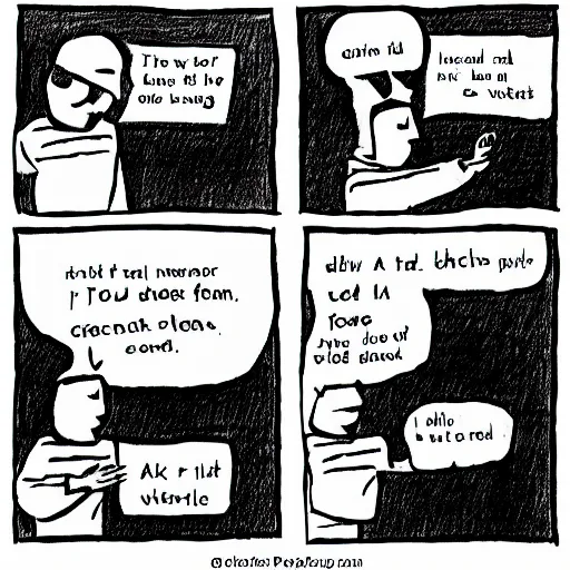 Image similar to silly cartoon comic, character with a paper bag on head, wearing a hoodie, dialogue bubbles, four panels, black and white, drawn in pen on cream colored parchment paper, 4k