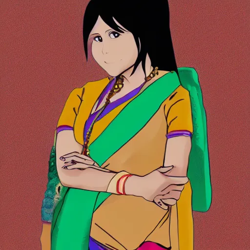 Prompt: a nepali woman, wearing sari, anime style