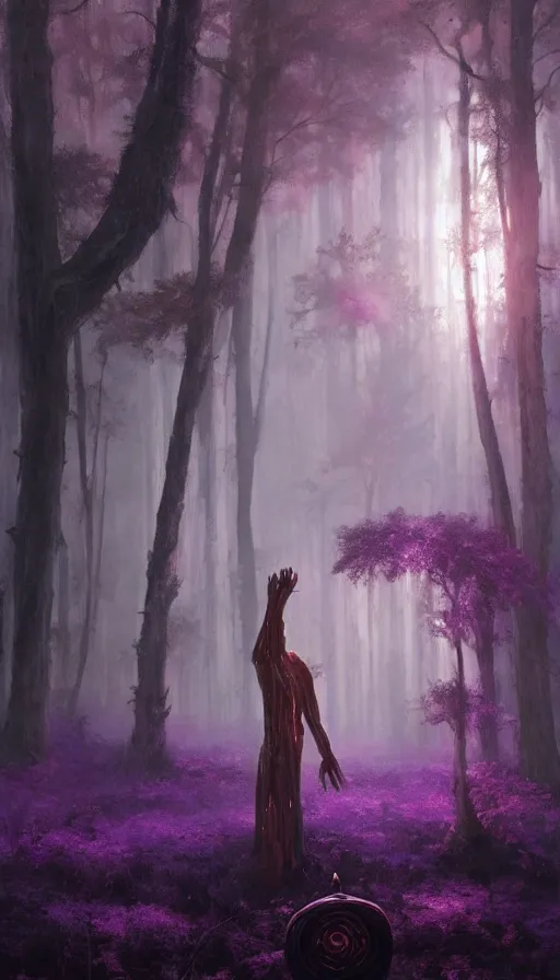 Image similar to Hyper realistic oil painting of a future sci-fi ancient god on the middle of a purple forest holding a portal that's about to explode, fog, volumetric lighting, nighttime, moonlight, by Greg Rutkowski and Diego Velázquez