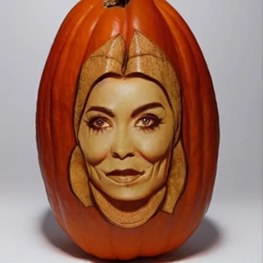 Image similar to a [ gourd ] carved shaped to look like ( amber heard face ) hybrid intercross