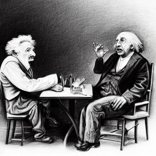 Image similar to Einstein and Newton speaks each other on a topic, pencil drawing, ultra detailed