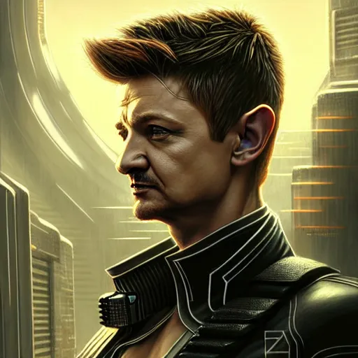 Image similar to portrait painting of a cyberpunk elven cop who looks like jeremy renner, ultra realistic, concept art, intricate details, eerie, highly detailed, photorealistic, octane render, 8 k, unreal engine. art by artgerm and greg staples and elsa beskow