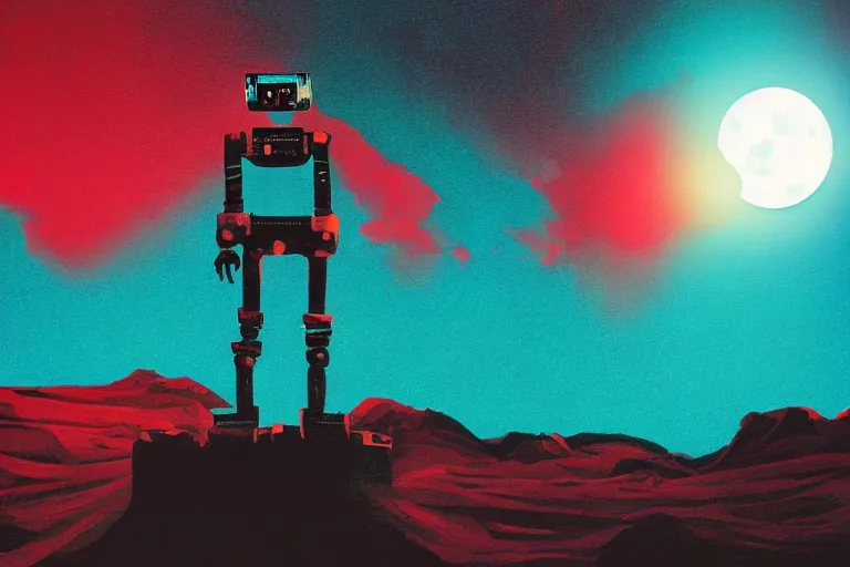 Prompt: a robot standing on mars in the style of flooko, acrylic art, detailed, moonlight, red lighting, bokeh, synthwave, psychedelic, glitch, neon,