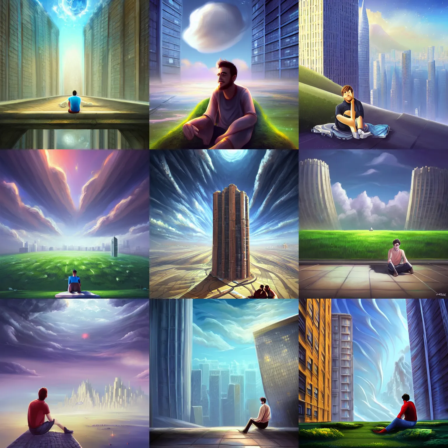Prompt: a man sitting on the ground next to a tall building, a matte painting by cyril rolando, cgsociety, space art, tesseract, windows xp, windows vista