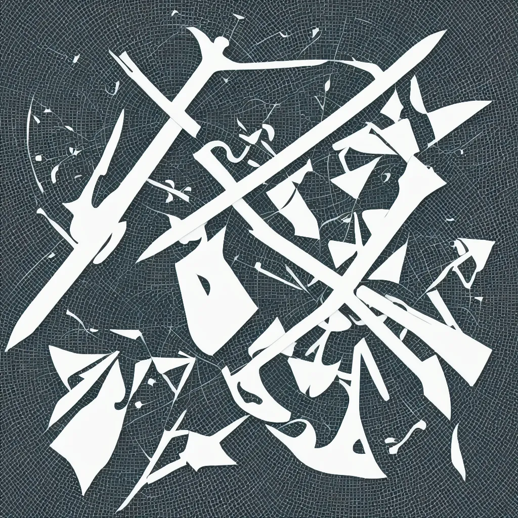 Image similar to sword and watch, minimal digital art with geometric graphics. no text, no watermarks, music album art.