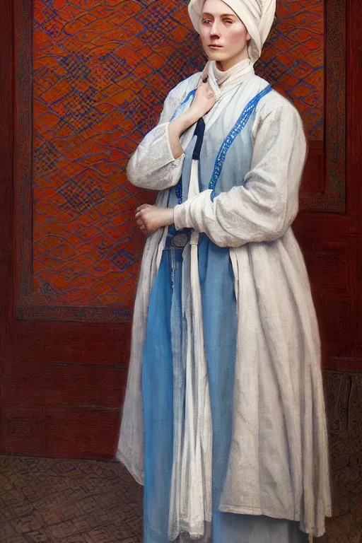 Image similar to portrait of a beautiful nordic woman, blue eyes, wearing a turkish traditional dress in istanbul on 1 9 0 0 s, extremely detailed digital painting, in the style of fenghua zhong and ruan jia and jeremy lipking and peter mohrbacher, mystical colors, rim light, beautiful lighting, 8 k, stunning scene, raytracing, octane, trending on artstation