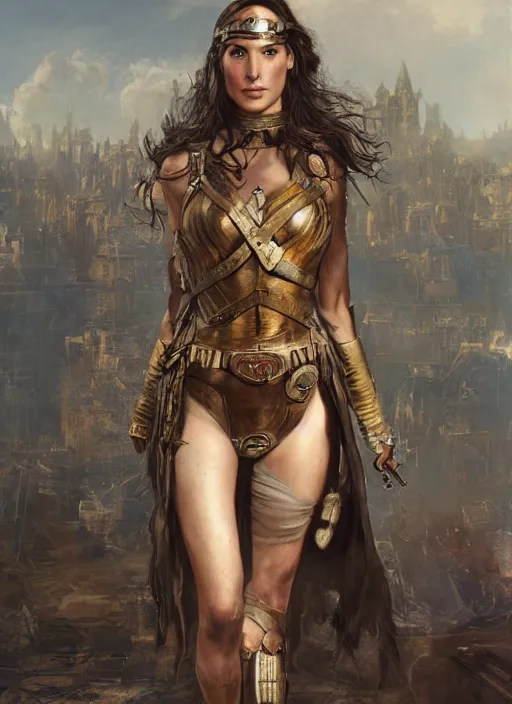 Prompt: highly detailed steampunk gal gadot standing, blond hair, steel age : leonardo da vinci, greg rutkowski, magali villeneuve