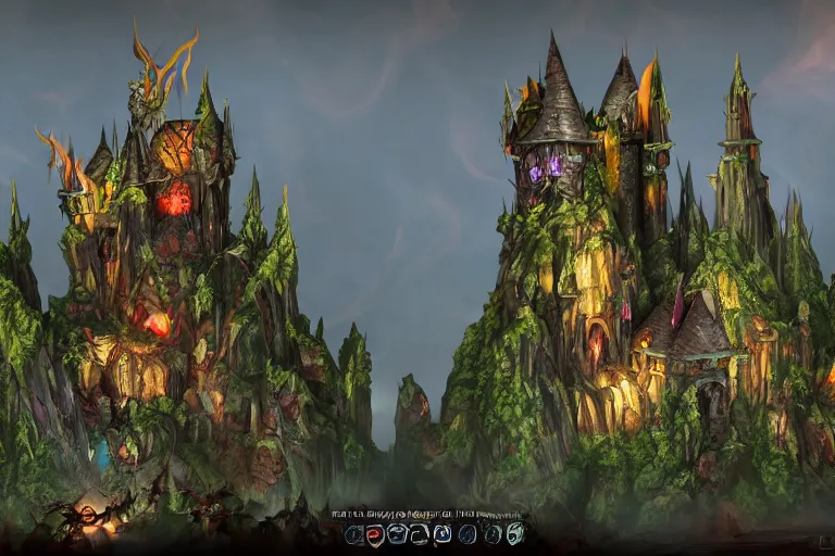 Image similar to big evil fairy castle - city rock dark shadow elves, might and magic heroes 7, dark fantasy, shadows, artstation trending, unreal engine 5, red