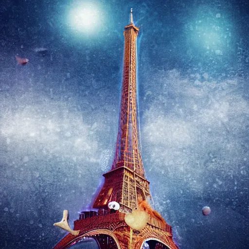 Prompt: eiffel tower is swimming in the ocean under the cheese rain on neptune planet, hyper realistic, illustration, digital art