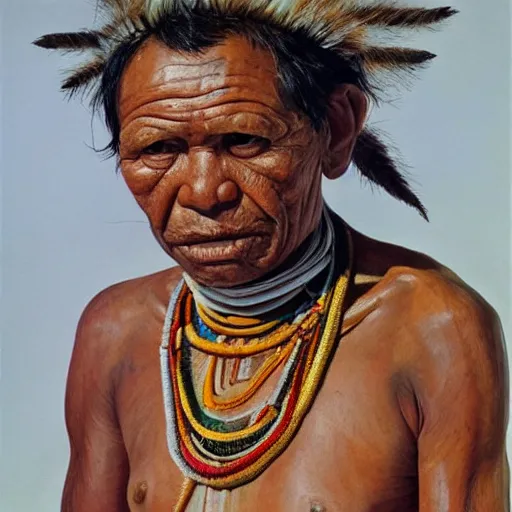 Image similar to high quality high detail painting by lucian freud, hd, full body of a indigenous tribe leader, photorealistic lighting