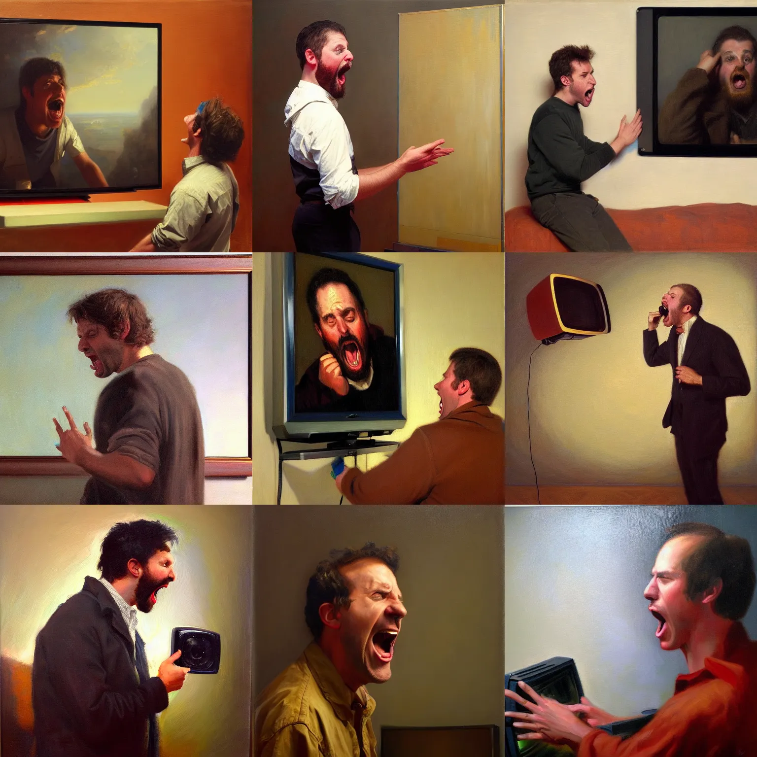 Prompt: portrait of jay bauman yelling at a tv, oil on canvas by william sidney mount, trending on artstation