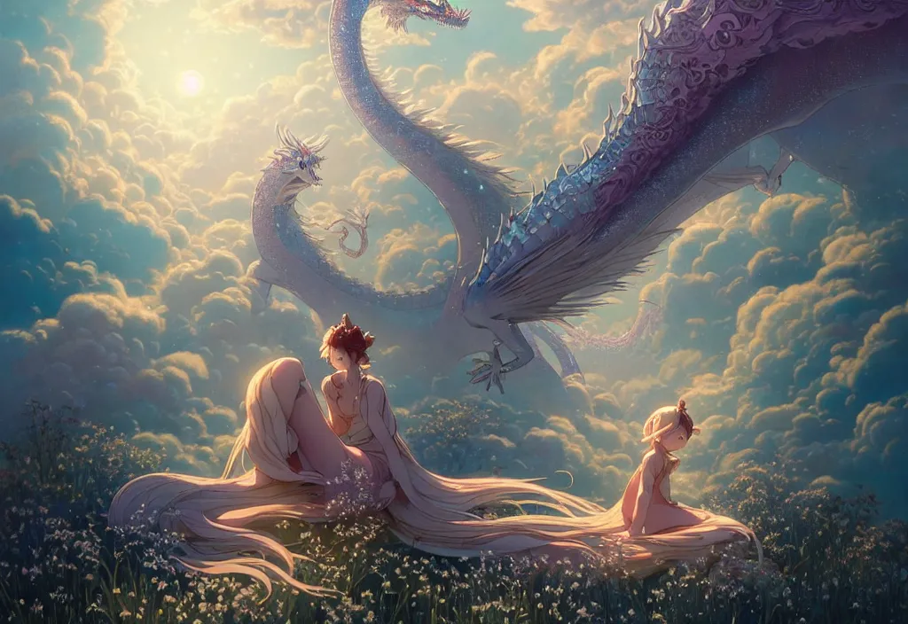 Prompt: the beautiful hyper detailed scene render that a lonely single beautiful girl lies in the arms of a huge silver dragon alone in the fairyland surrounded by white clouds, in the style of makoto shinkai victo ngai and peter mohrbacher studio ghibli artgerm karol bak beeple, cinematic, absolutely beautiful, ultra wide angle, animation style, 8 k hd