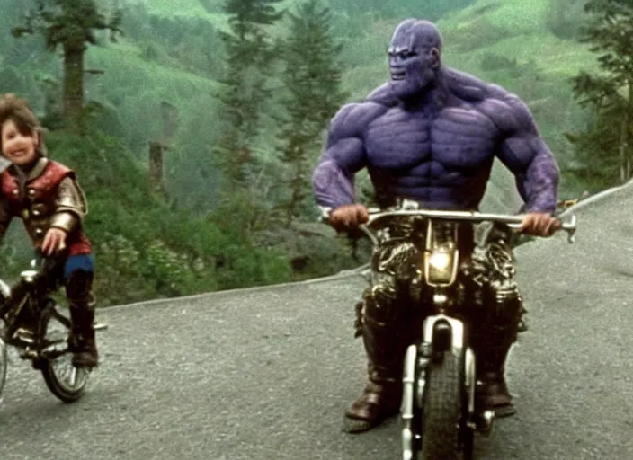 Prompt: film still of armored thanos as brand riding a small childrens bike down a steep mountain road in the goonies 1 9 8 5