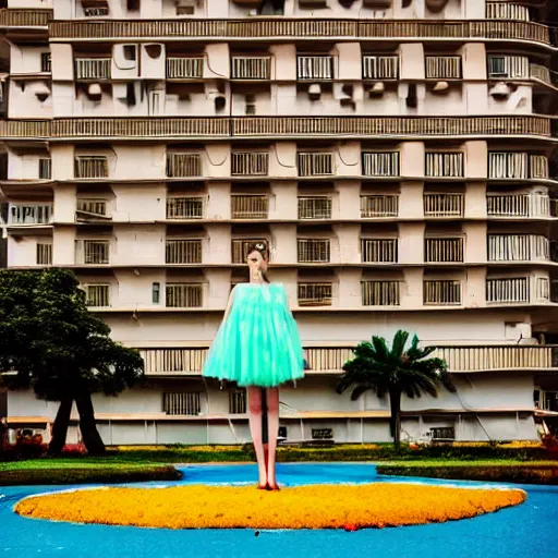 Image similar to giant flower head, full body, girl standing in mid century hotel, surreal, symmetry, bright colors, blue sky, cinematic, wes anderson