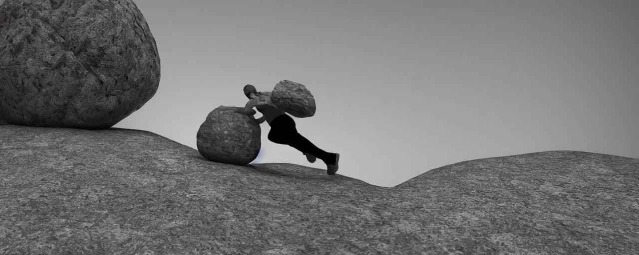 Prompt: Sisyphus pushing a stone up a mountain, the stone is round, the stone is rolling up, the mountain is steep, melancholic mood, photo realistic, 8k, HDR, ultra detailed, trending on artstation