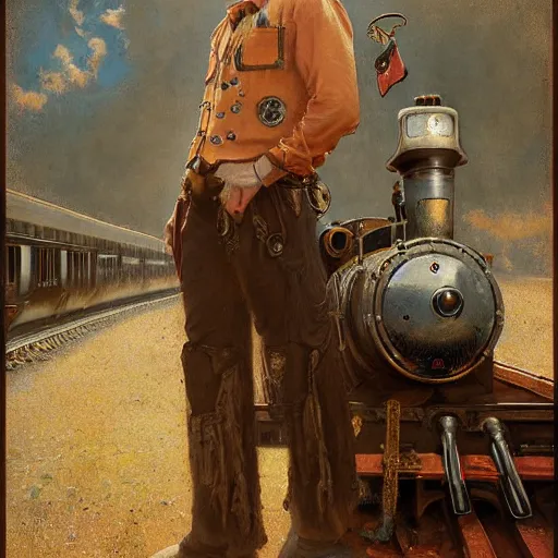 Prompt: a dramatic ethereal epic symmetrical painting of a handsome villainous cowboy standing in front of railroad tracks with a train locomotive | his shirt is unbuttoned and he has a pocketwatch | ( steampunk ), homoerotic. highly detailed painting by gaston bussiere, craig mullins, j. c. leyendecker 8 k