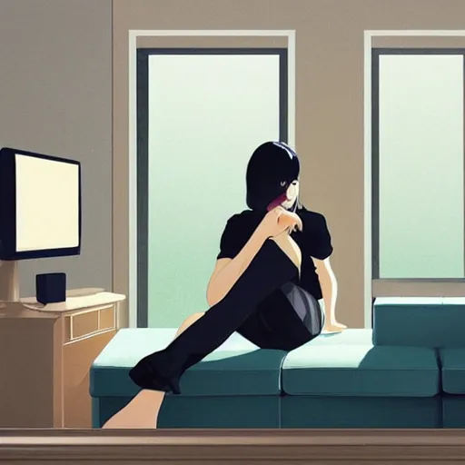 Prompt: a woman is sitting on her living room couch. She is dressed casually and is watching TV artstation digital art by Ilya Kuvshinov