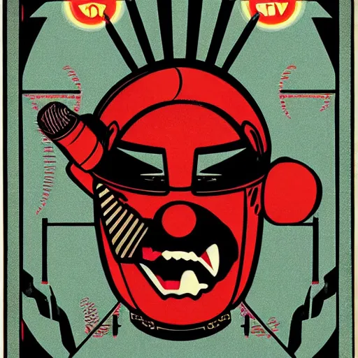 Image similar to Illustrated by Shepard Fairey and H.R. Geiger | Cyberpunk Clown Vampire with VR helmet, surrounded by cables