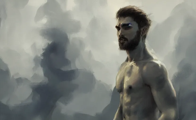 Prompt: a painting of arkul trending on artstation in the style of greg rutkowski, beautiful, male, sensual, natural skin, muscular