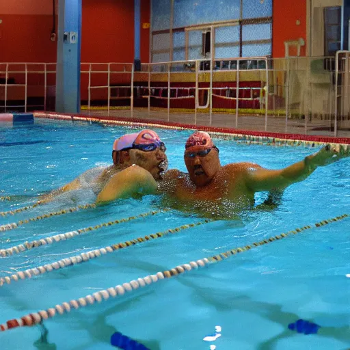 Prompt: photo, two old men fight pig mutants 5 3 8 2 8 inside a swimming pool, highly detailed, scary, volumetric lighting, front view