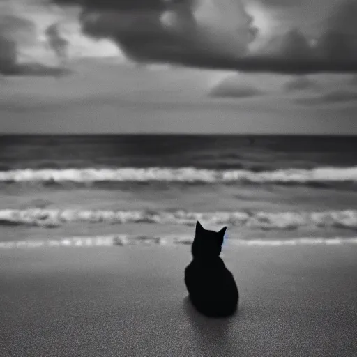 Prompt: cat in the beach lonley, night, cloudy